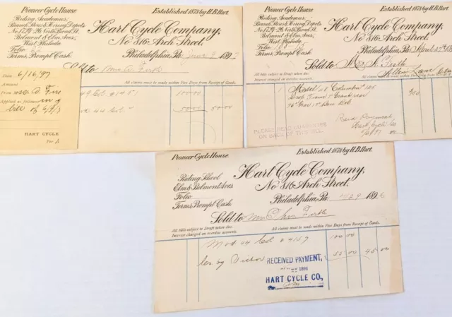 1896/7 antique HART CYCLE CO RECEIPTS Philadelphia PA bicycle Pioneer Lot 3