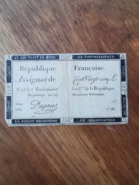 France Assignat De Cent Vingt-cinq Francs Billet Revolution P1076