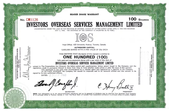 I.O.S. (IOS) Investors Overseas Services Management Limited 1968 (100 Shares)