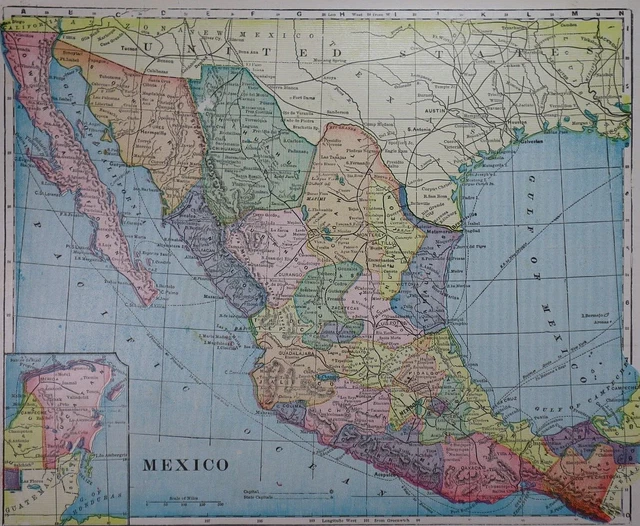 Old 1902 Cram's Atlas Map ~ MEXICO ~ (11x14)  ~Free S&H   #642