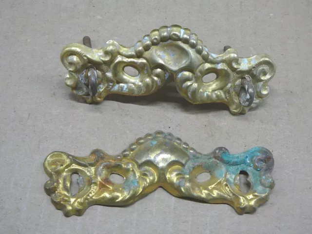 Antique Pair Stamped Brass Ornate Backplates - Bail Dresser Drawer Pulls #6-19