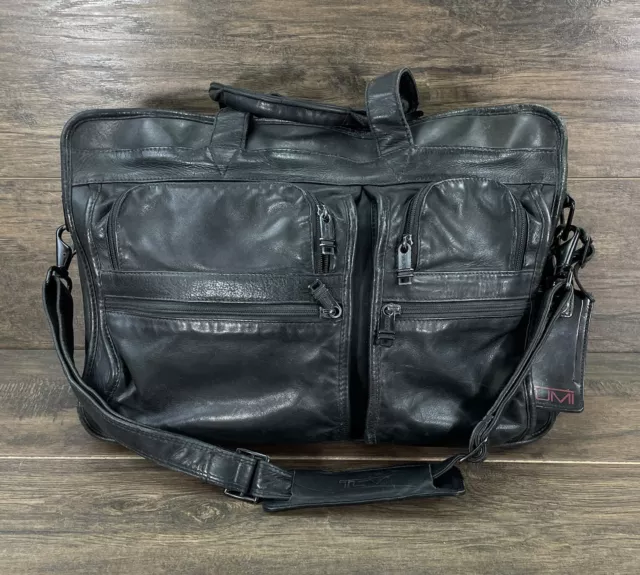 Tumi Black Napa Leather Expandable Crossbody Messenger Briefcase Bag Computer