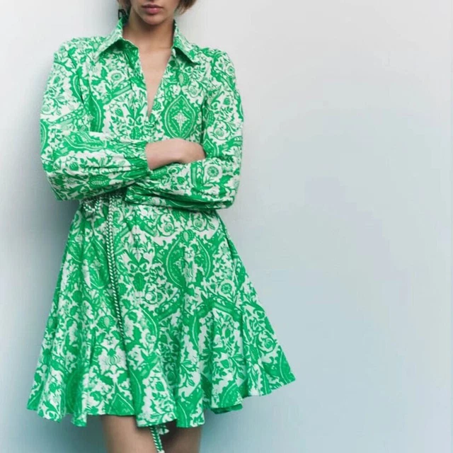 NEW ZARA PAISLEY Green Floral Printed Shirt Dress Voluminous Skater Ruffled  Hem 27.00 - PicClick UK