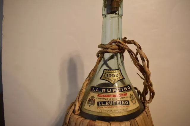 Vintage 1958 I L Ruffino Chianti Rattan Woven Wrap Italy Empty Wine Bottle  Cork