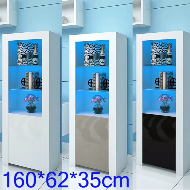 Modern Tall Cabinet Sideboard Unit Cupboard Display High Gloss Doors LED Lights