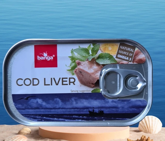 Fegato di merluzzo facilmente aperto in scatola, Banga 121 g. Acidi grassi Omega-3. Scatola 12 lattine