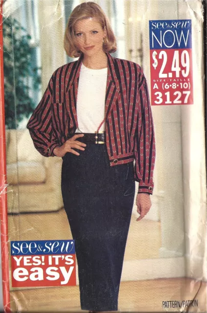 UNCUT Vintage Butterick Sewing Pattern Misses Easy Jacket Top Skirt 3127 6 - 10