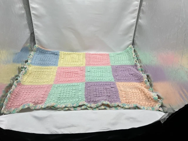 Vintage Baby Blanket Handmade Crochet Knitted Afghan Yarn Pastel Colors 36 X 26