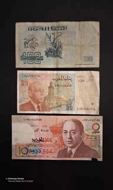 Lot  3 Billets De Banque 10 Dirhams & 20 Dirhams Marocain & 100 Dinars Algérien