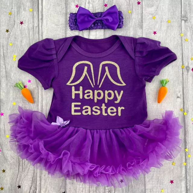 BABY GIRL EASTER TUTU ROMPER, Gold Glitter Bunny Ears Happy Easter, Newborn Gift