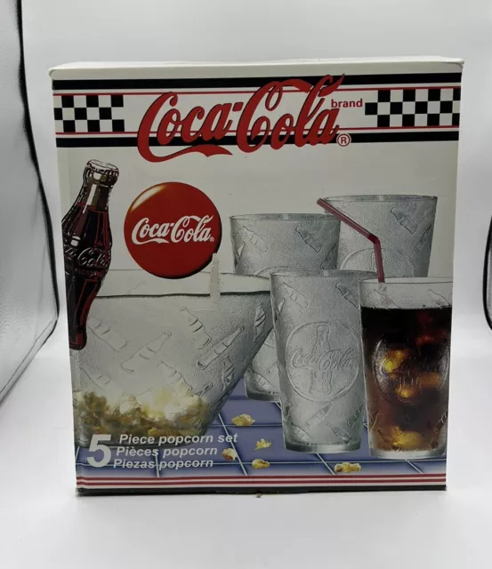 Vintage Coca Cola 5 Piece Snack Set Popcorn Bowl and 4 20OZ Glasses 2