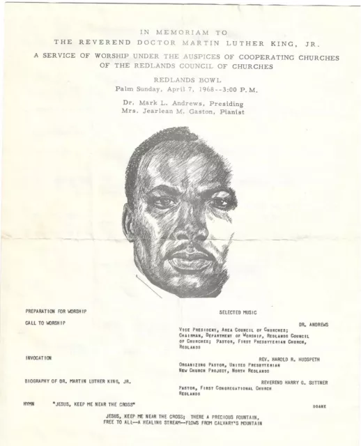 Martin Luther King Jr. Memorial Program For Palm Sunday Service, Four Days After