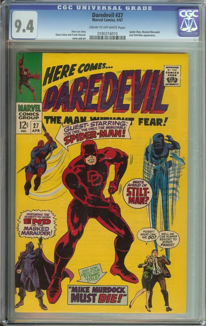 Daredevil #27 Cgc 9.4 Cr/Ow Pages // Spider-Man Crossover Marvel Comics 1967
