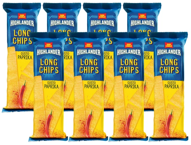 8X San Carlo Highlander Long Chips gusto PAPRIKA Snacks di Fiocchi di Patate 75g