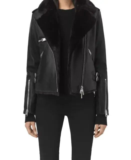 All Saints Black Leather Higgens Lux Women’s Biker Jacket Size UK 6