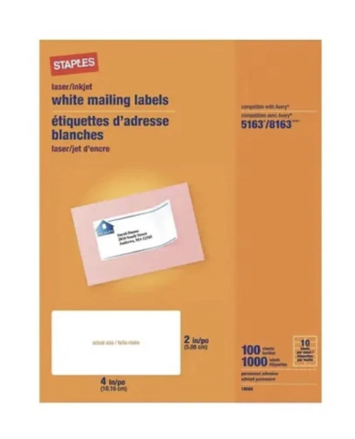 STAPLES LASER/INKJET SHIPPING Labels 2" x 4" White 10 Labels/Sheet, 100
