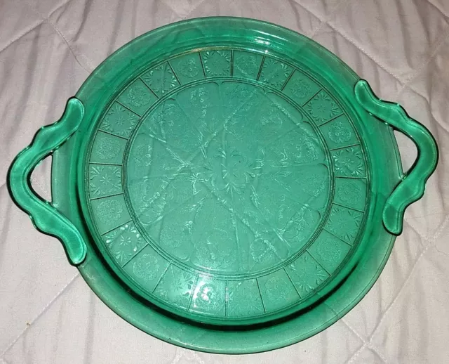 10" Jeanette Doric Pansy Ultramarine Green Depression Glass Cake Plate