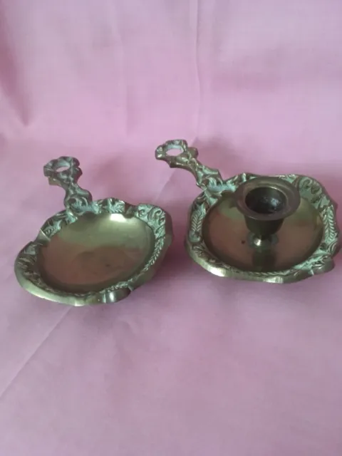 Heavy Thick Solid Brass Wee Willie Winky Style Candle Holder & Matching Ashtray