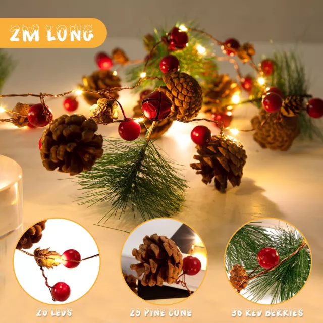 20LED Pine Cone Red Berry Garland Christmas Xmas Tree Decor String LED Light AU