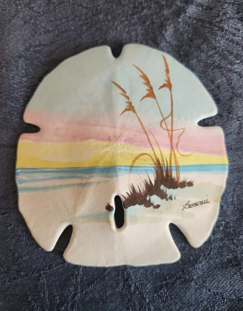 Hand Painted Sand Dollar Signed By Artist, Beach And Ocean Scene