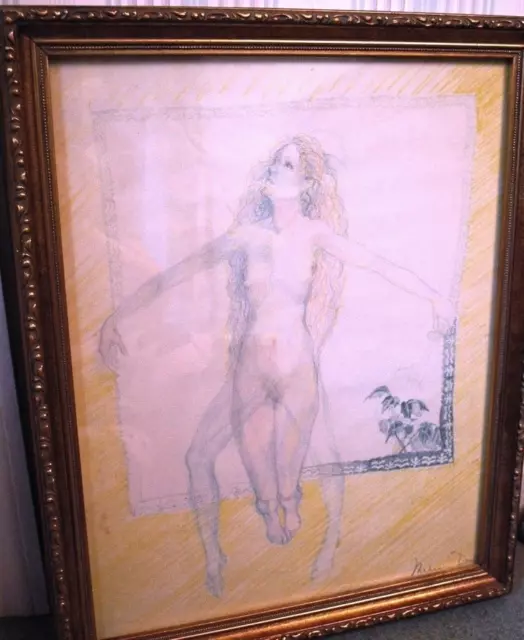 Signed Melissa Dosh Original Colored Pencil Drawing Nude Woman Flying
