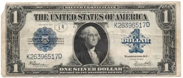 1923 LARGE SIZE United States BLUE SEAL One Dollar $1 Silver Certificate USA 517