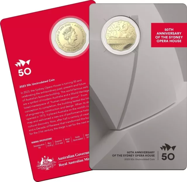 Australia 2023 Sydney Opera House 50 years UNC 50c cent Coin on Card