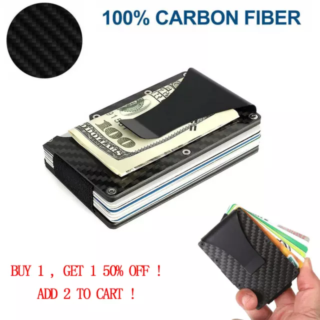 Men RFID Blocking Money Clip Slim Carbon Fiber Credit Card Holder Metal Wallet