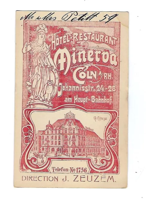 Early 1900's Adver. Card Hotel-Restaurant Minerua Coln