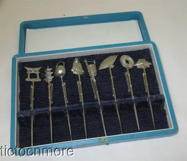 Vintage Japanese .950 Silver Snack Pick Toothpick Set Shinto Pagoda Coin