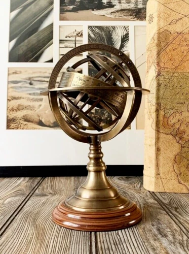 Antiguo Vintage zodiaco armilar latón esfera globo Base de madera...