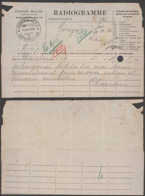 Belgian Congo 1933 - Telegram Leopoldville R153