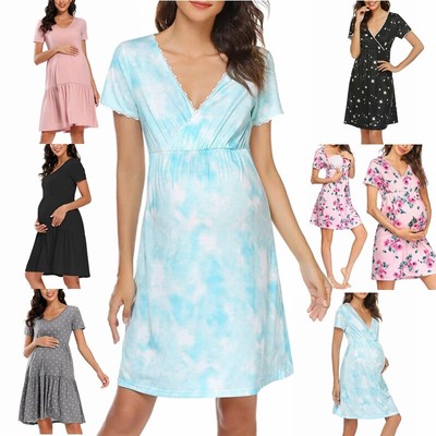 Maternity Dress Pregnant Women Nursing Clothing Casual Short Sleeve Floral Loose