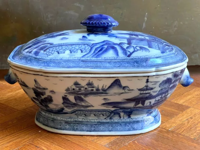 19th Century Chinese Export Canton Porcelain Boars Head Handle Tureen, 13"L Rare