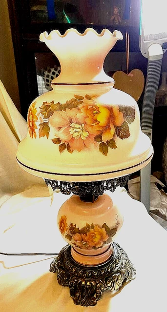 Vintage "Gone with the Wind” 20" Pink Floral  Hurricane Parlor Table Lamp