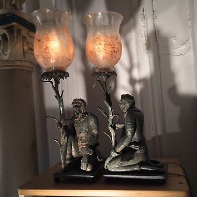 Pair Antique Monkey Lamps Cast Iron Victorian Glass Hand Painted Shades Monkeys