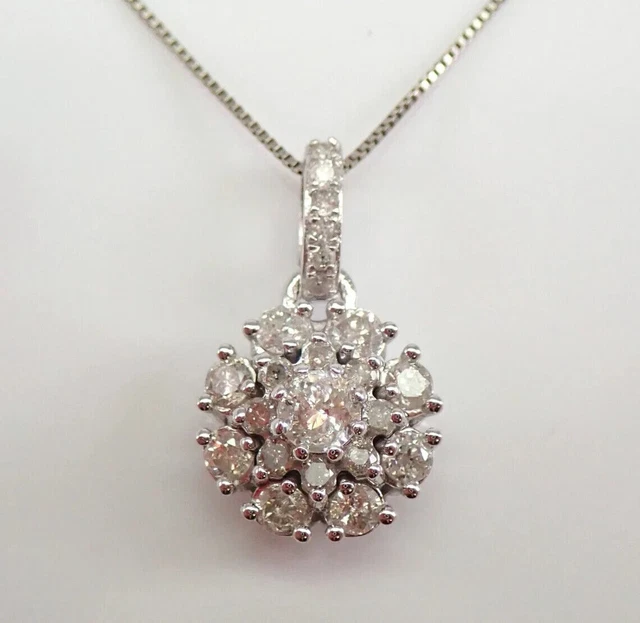 18k White Gold Plated Real Moissanite Halo Cluster Pendant Necklace 18" Chain
