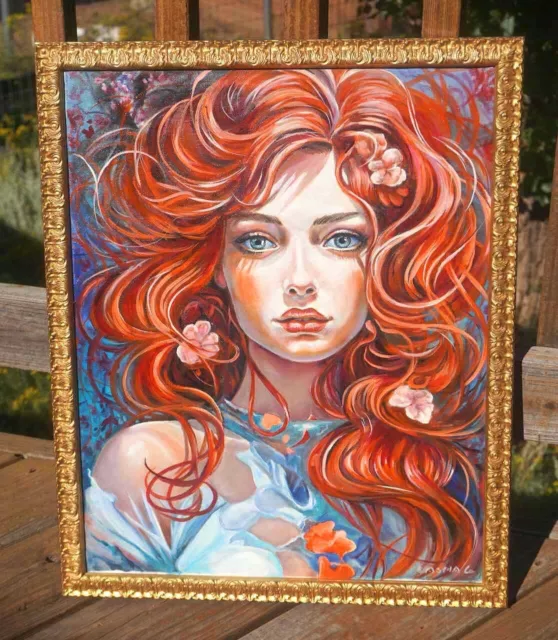 Original, Framed Oil Painting Of A Redheaded Beauty Beautiful Young Woman Girl