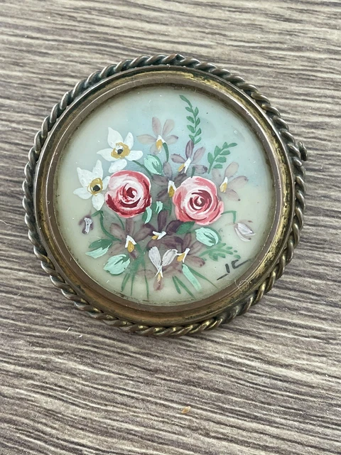 Ancienne Broche Médaillon Avec Peinture Miniature De Fleurs - Bijou Vintage