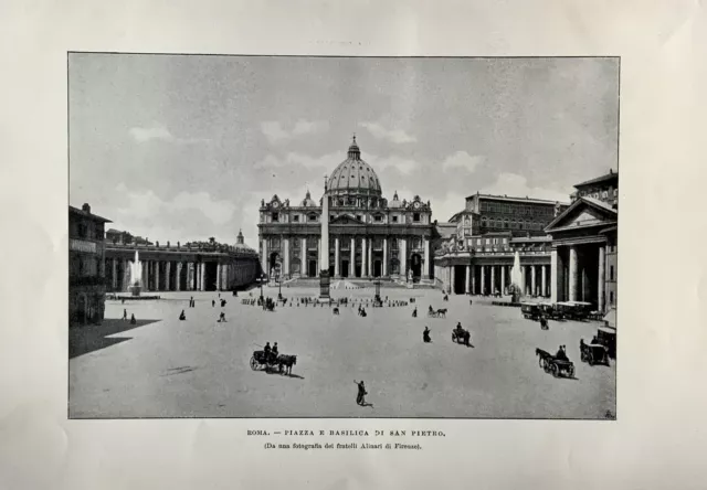 Stampa antica - Lazio - Roma Piazza e Basilica S. Pietro - Italia 1902 Alinari