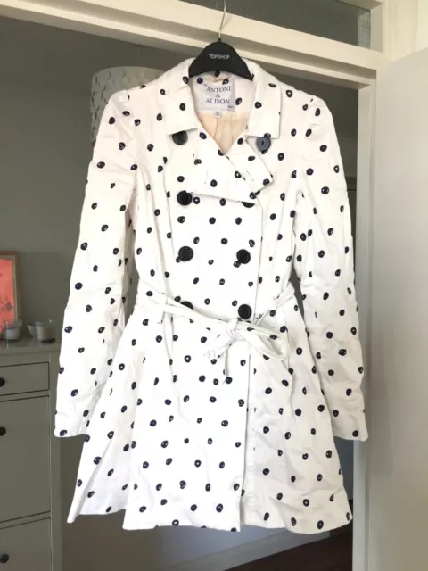 ANTONI AND ALISON white and blue dot short trench mac jacket size