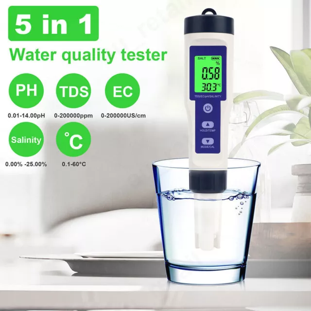 PH Meter Premium TDS/EC/Salinity/Temp Meter Digital Water Quality Tester Monitor