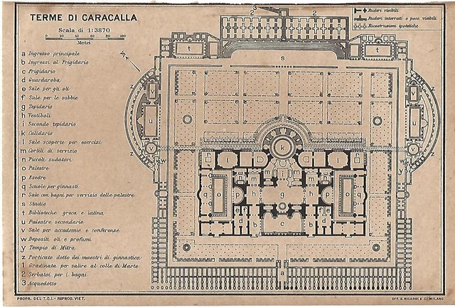 CARTA GEOGRAFICA ANTICA ROMA TERME DI CARACALLA TCI 1925 Old Antique ...