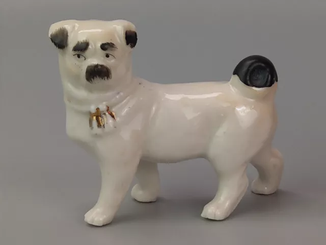 Small Vintage Pug Dog white with bells Figurine solid bisque