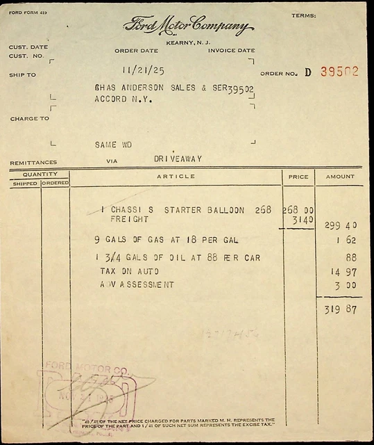 Ford Factory Invoice FORD MOTOR CO Factory Invoice, 1925 Model T Truck Chassis, Kearny NJ ...