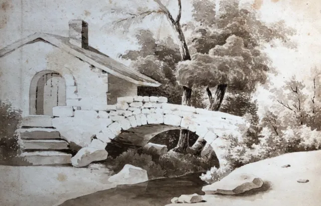 Old Drawing, Landscape with Stone Bridge, Ink Wash, Early 20th Century