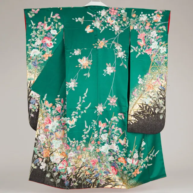 Japanese Silk Kimono Vintage Furisode Gold Green Butterfly Flower Grass 64"