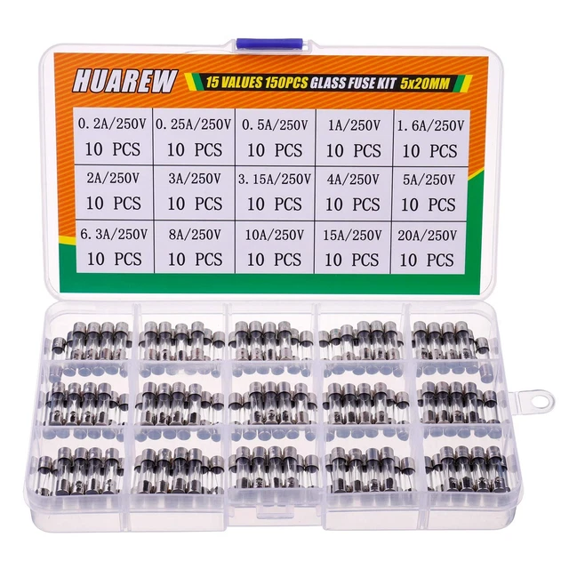 15 Valeurs 150 Pièces 5X20Mm Fusibles En Verre À Fondre Rapide 0,2X0,78 Pouce 25