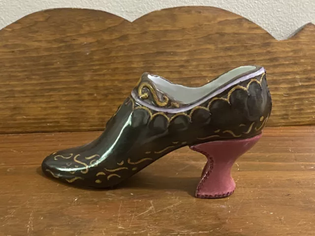 VINTAGE PORCELAIN CERAMIC brown gold DECORATIVE victorian style shoe 6" L