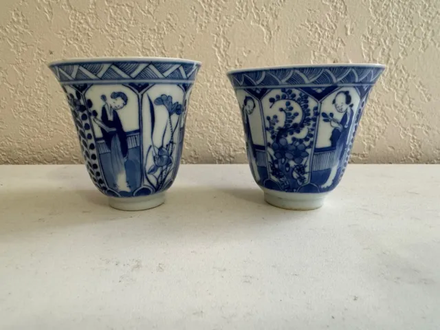 Antique Chinese Blue & White Porcelain Pair of Cups Women Flowers w/ Kangxi Mark